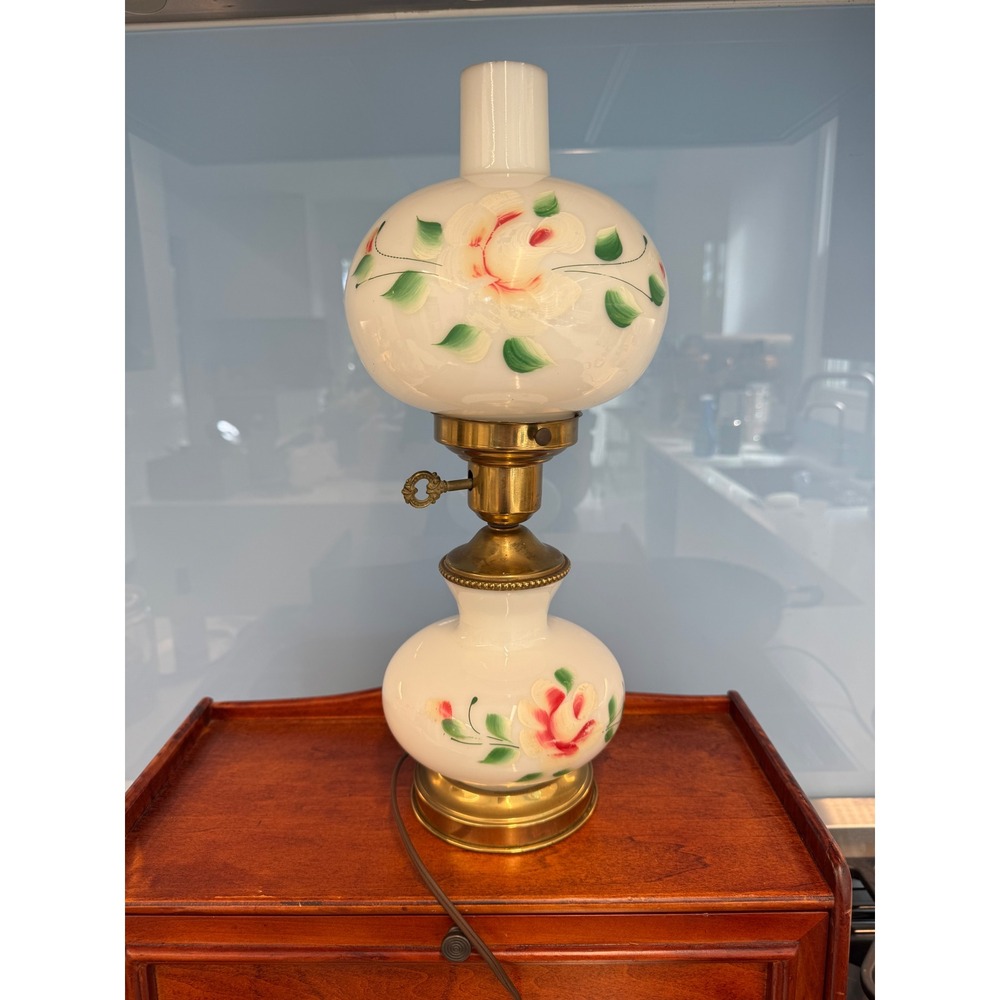 Vintage Hurricane Lamp Milk Glass Hand Painted Floral Rose Brass Electric Table - Picture 4 of 4
